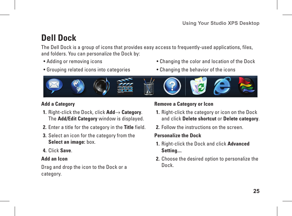 Dell dock | Dell Studio XPS 435 MT (Late 2008) User Manual | Page 27 / 70