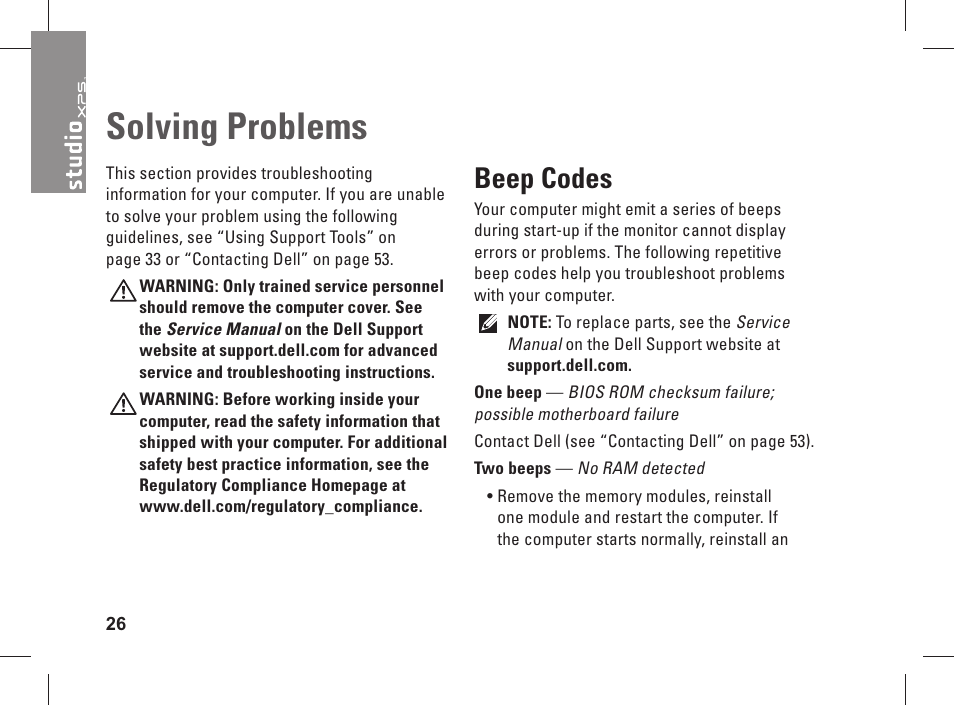 Solving problems, Beep codes | Dell Studio XPS 435 MT (Late 2008) User Manual | Page 28 / 70