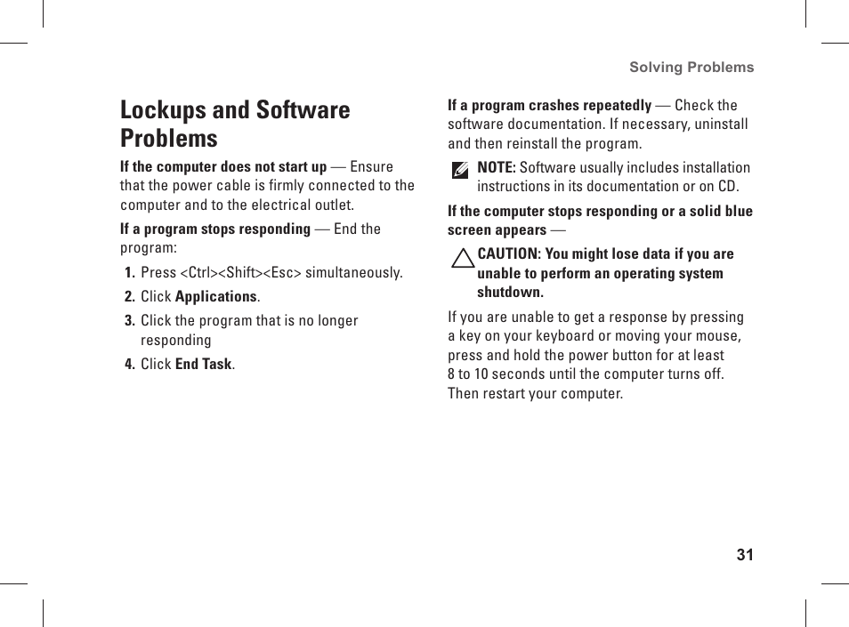 Lockups and software problems | Dell Studio XPS 435 MT (Late 2008) User Manual | Page 33 / 70