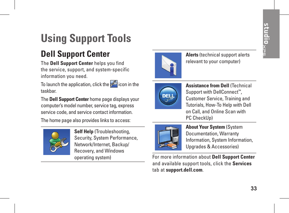 Using support tools, Dell support center | Dell Studio XPS 435 MT (Late 2008) User Manual | Page 35 / 70