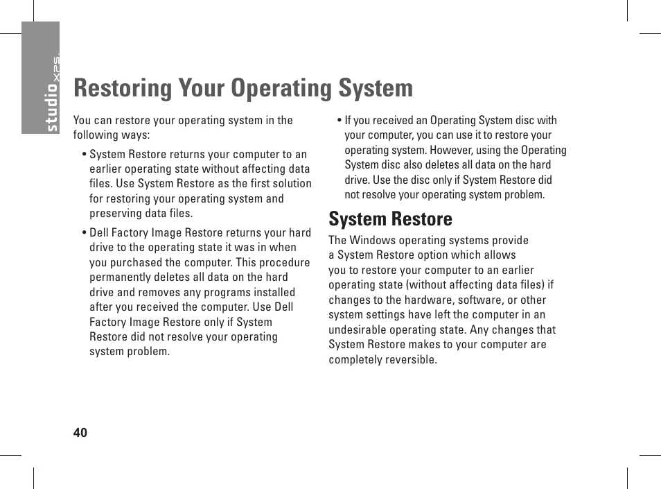 Restoring your operating system, System restore | Dell Studio XPS 435 MT (Late 2008) User Manual | Page 42 / 70