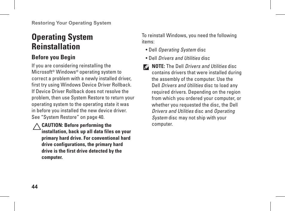 Operating system reinstallation | Dell Studio XPS 435 MT (Late 2008) User Manual | Page 46 / 70