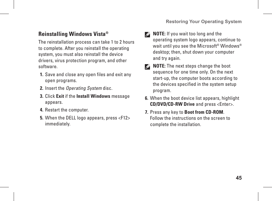 Reinstalling windows vista | Dell Studio XPS 435 MT (Late 2008) User Manual | Page 47 / 70