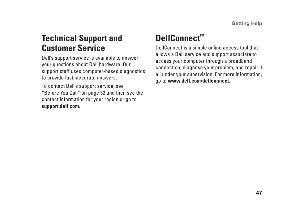 Technical support and customer service, Dellconnect | Dell Studio XPS 435 MT (Late 2008) User Manual | Page 49 / 70