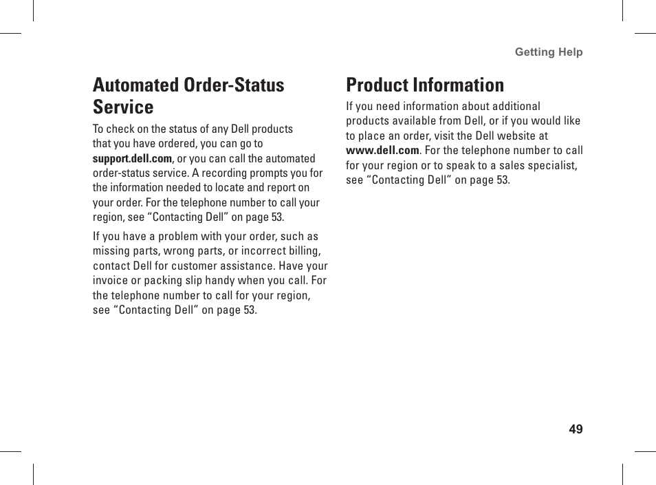Automated order-status service, Product information | Dell Studio XPS 435 MT (Late 2008) User Manual | Page 51 / 70