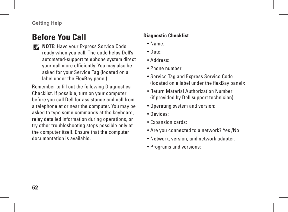 Before you call | Dell Studio XPS 435 MT (Late 2008) User Manual | Page 54 / 70