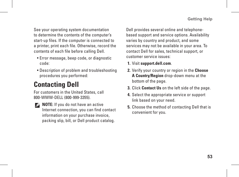 Contacting dell | Dell Studio XPS 435 MT (Late 2008) User Manual | Page 55 / 70