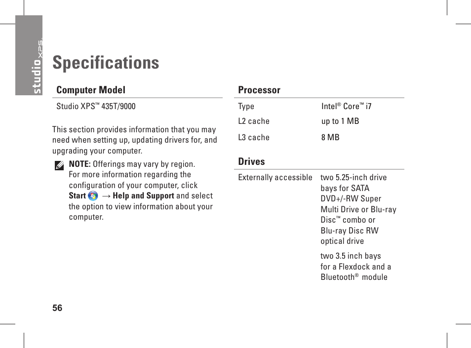 Specifications | Dell Studio XPS 435 MT (Late 2008) User Manual | Page 58 / 70