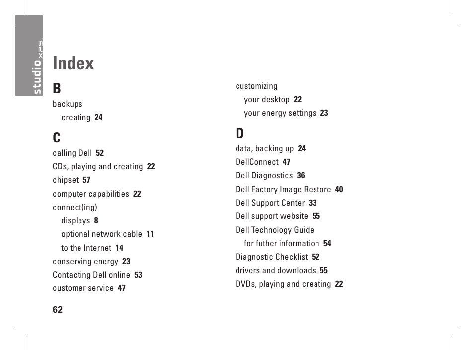 Index | Dell Studio XPS 435 MT (Late 2008) User Manual | Page 64 / 70