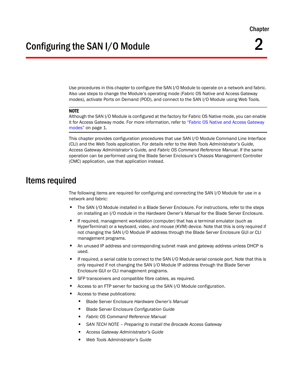 Configuring the san i/o module, Items required, Chapter 2 | Chapter 2, “configuring the san i/o module | Dell POWEREDGE M1000E User Manual | Page 19 / 48