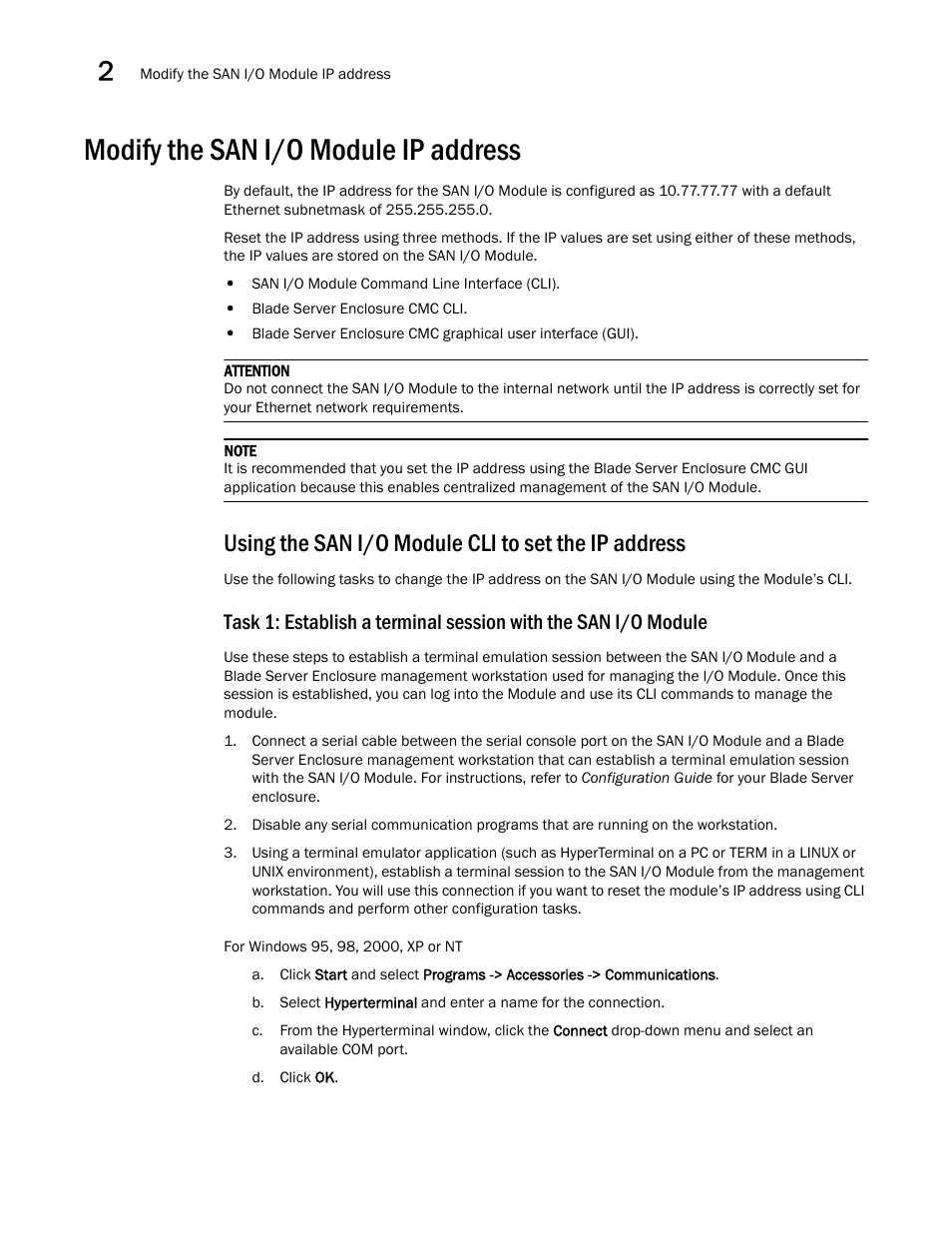 Modify the san i/o module ip address, Using the san i/o module cli to set the ip address | Dell POWEREDGE M1000E User Manual | Page 20 / 48