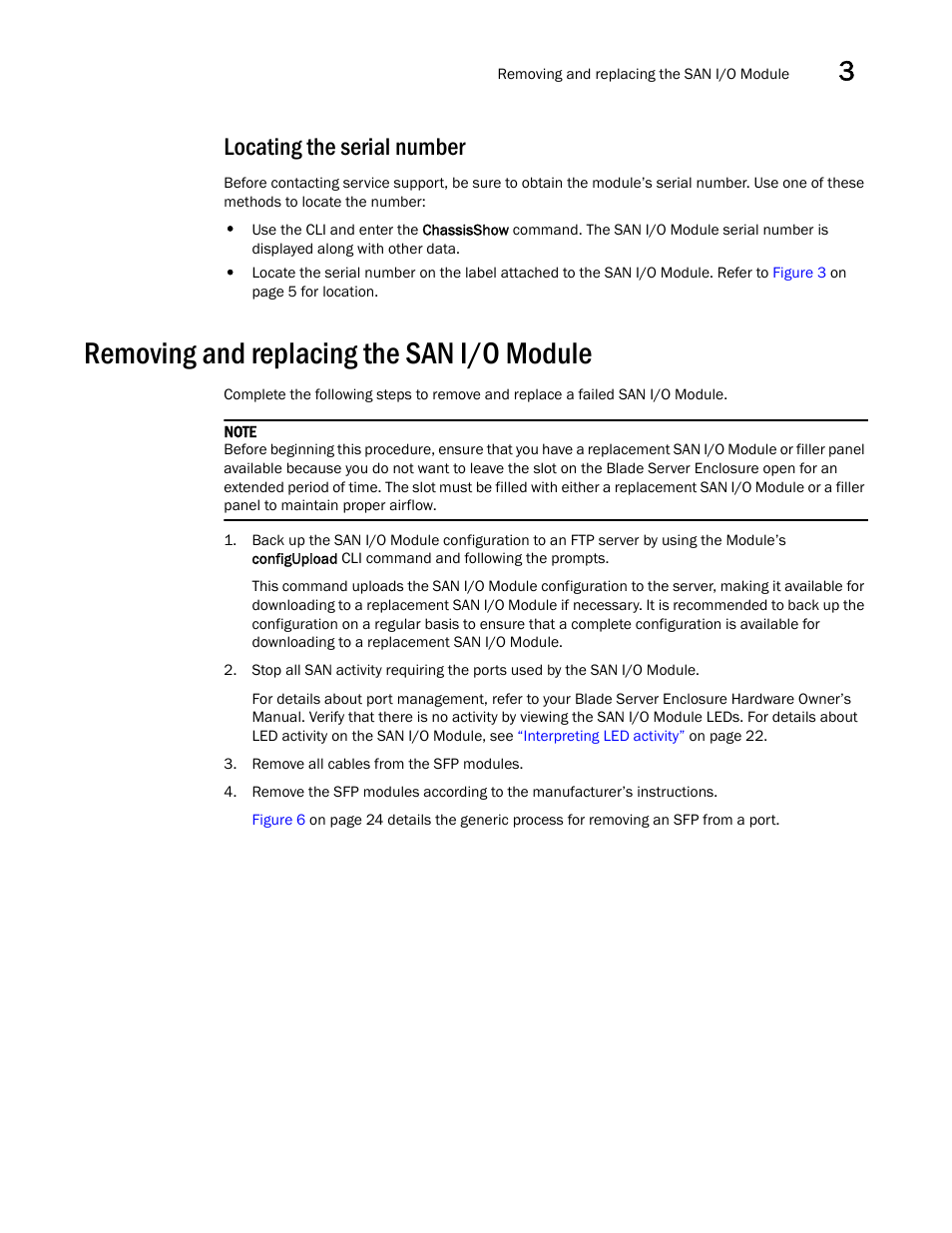 Locating the serial number, Removing and replacing the san i/o module | Dell POWEREDGE M1000E User Manual | Page 33 / 48