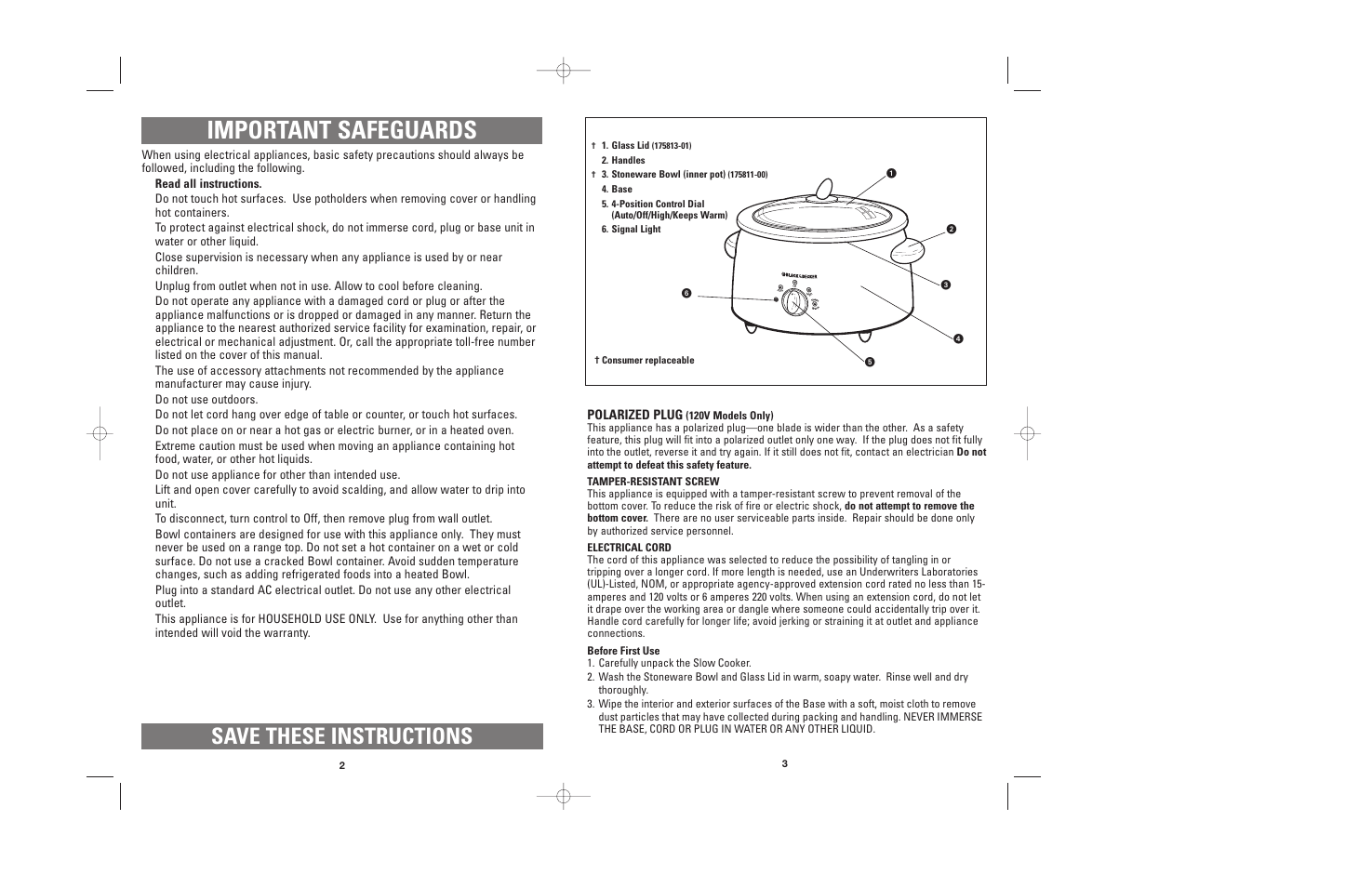 Important safeguards, Save these instructions | Black & Decker SL100 User Manual | Page 2 / 13