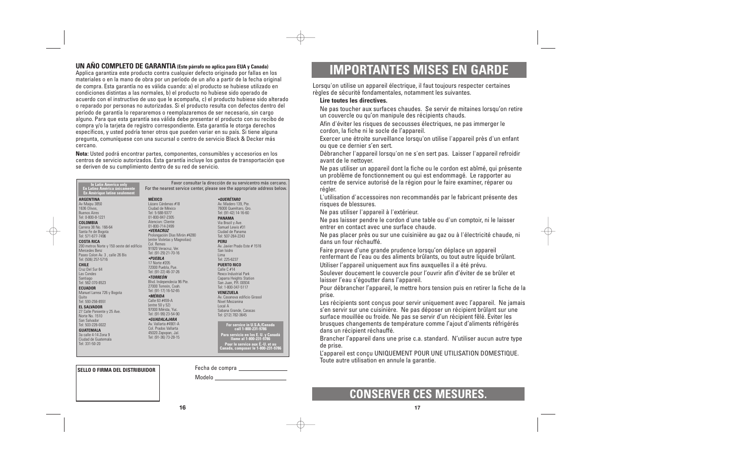 Importantes mises en garde, Conserver ces mesures, Un año completo de garantia | Black & Decker SL100 User Manual | Page 9 / 13