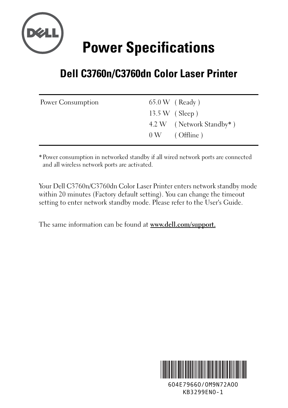 Dell C3760dn Color Laser Printer User Manual | 1 page