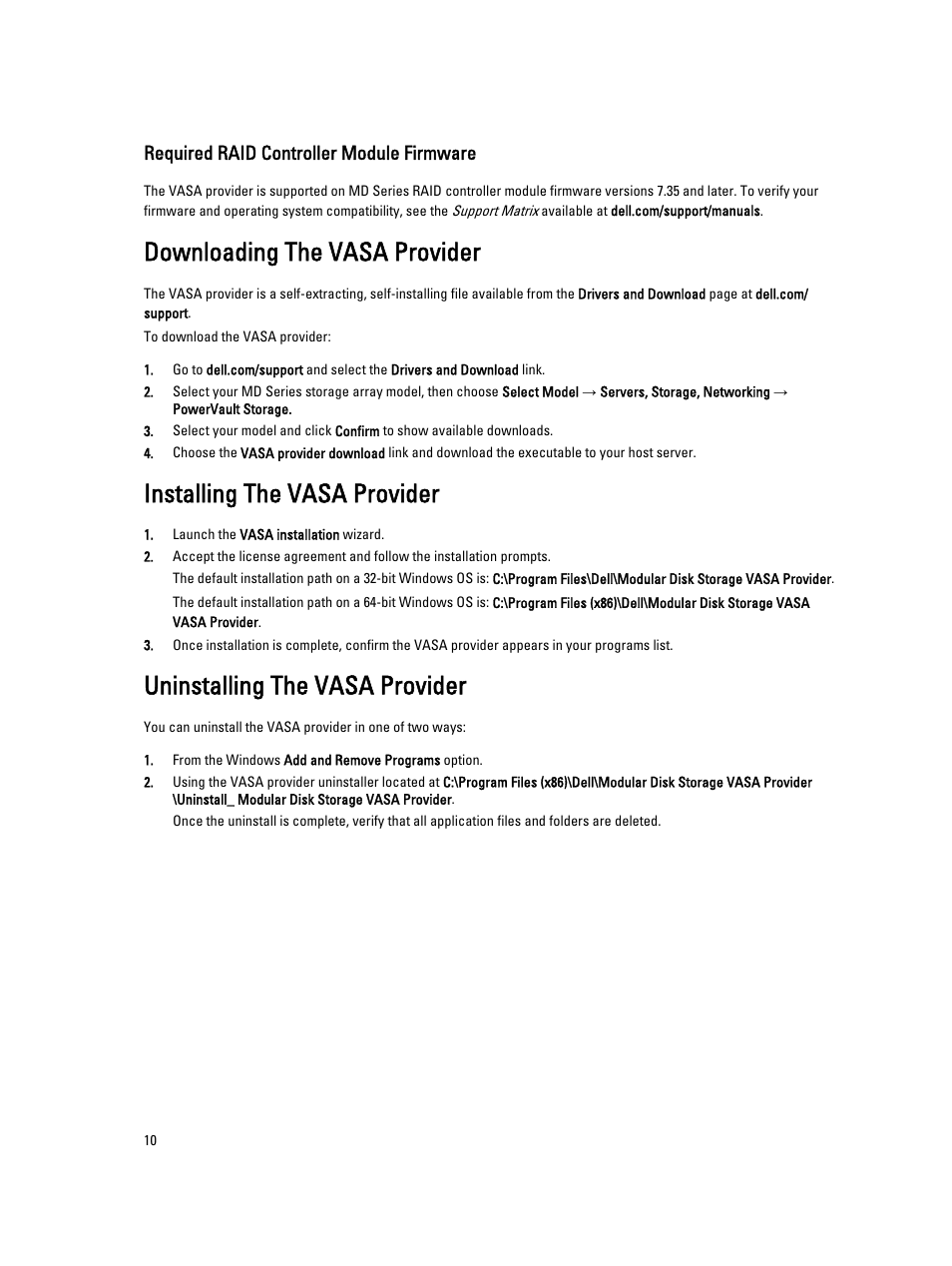Required raid controller module firmware, Downloading the vasa provider, Installing the vasa provider | Uninstalling the vasa provider | Dell PowerVault MD3860i User Manual | Page 10 / 21