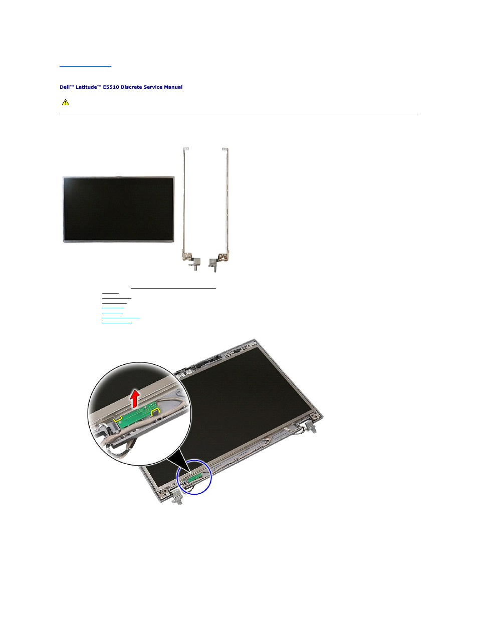 Display panel, brackets, and hinges, Removing the display panel, brackets, and hinges | Dell Latitude E5510 (Mid 2010) User Manual | Page 40 / 76