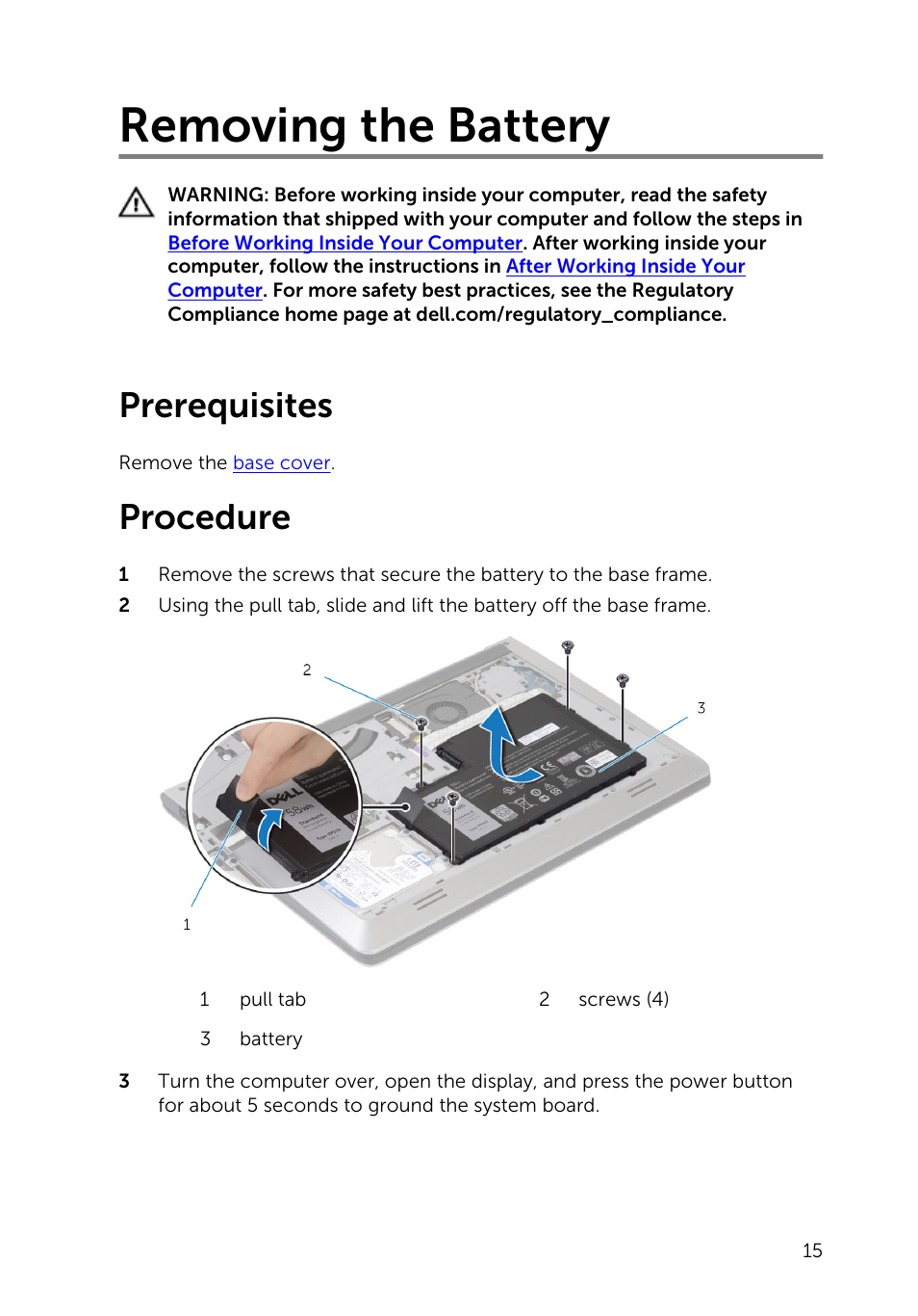 Removing the battery, Prerequisites, Procedure | Dell Inspiron 15 (5548, Early 2015) User Manual | Page 15 / 77