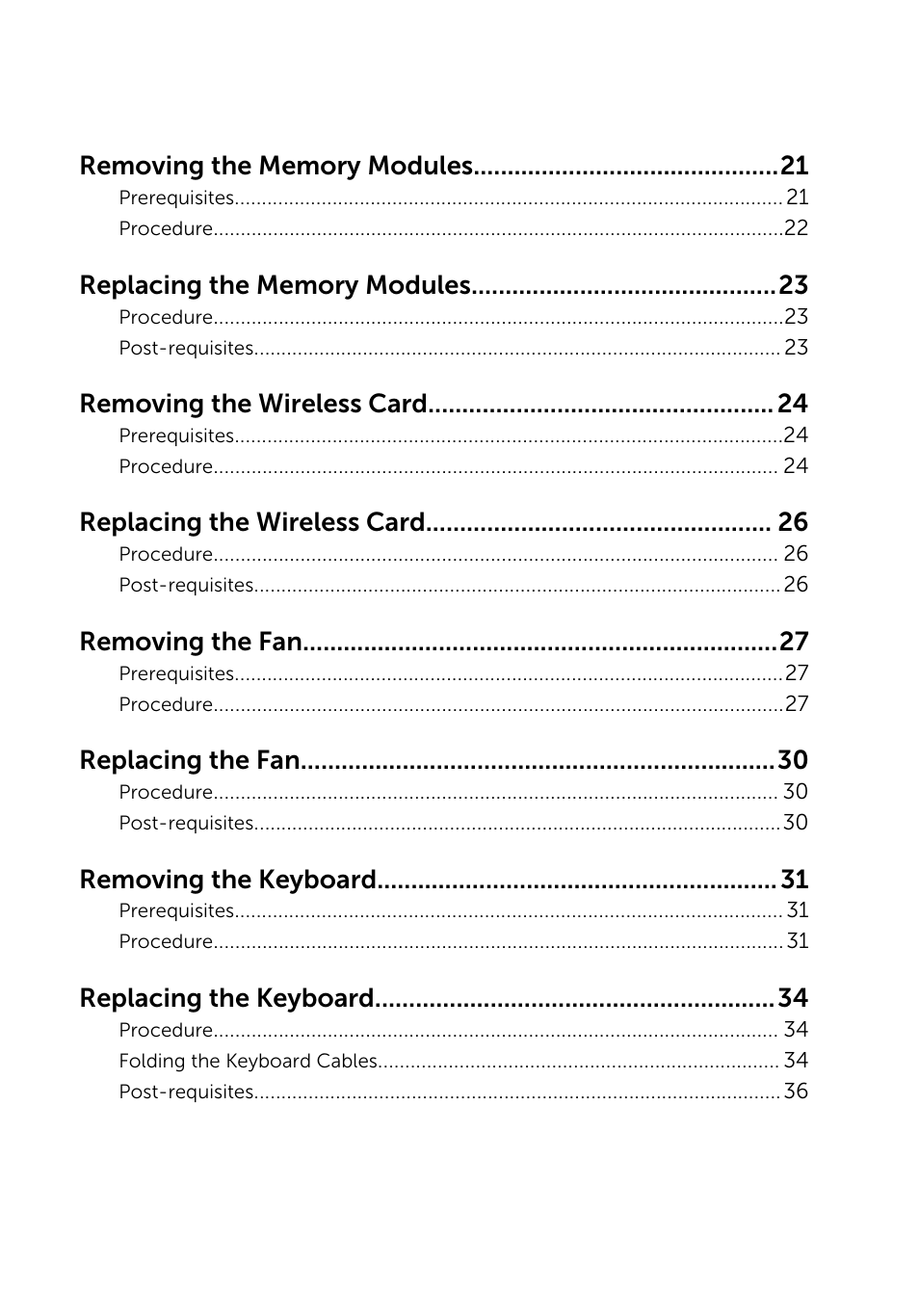 Removing the wireless card, Replacing the wireless card, Removing the fan | Replacing the fan, Removing the keyboard, Replacing the keyboard | Dell Inspiron 15 (5548, Early 2015) User Manual | Page 4 / 77