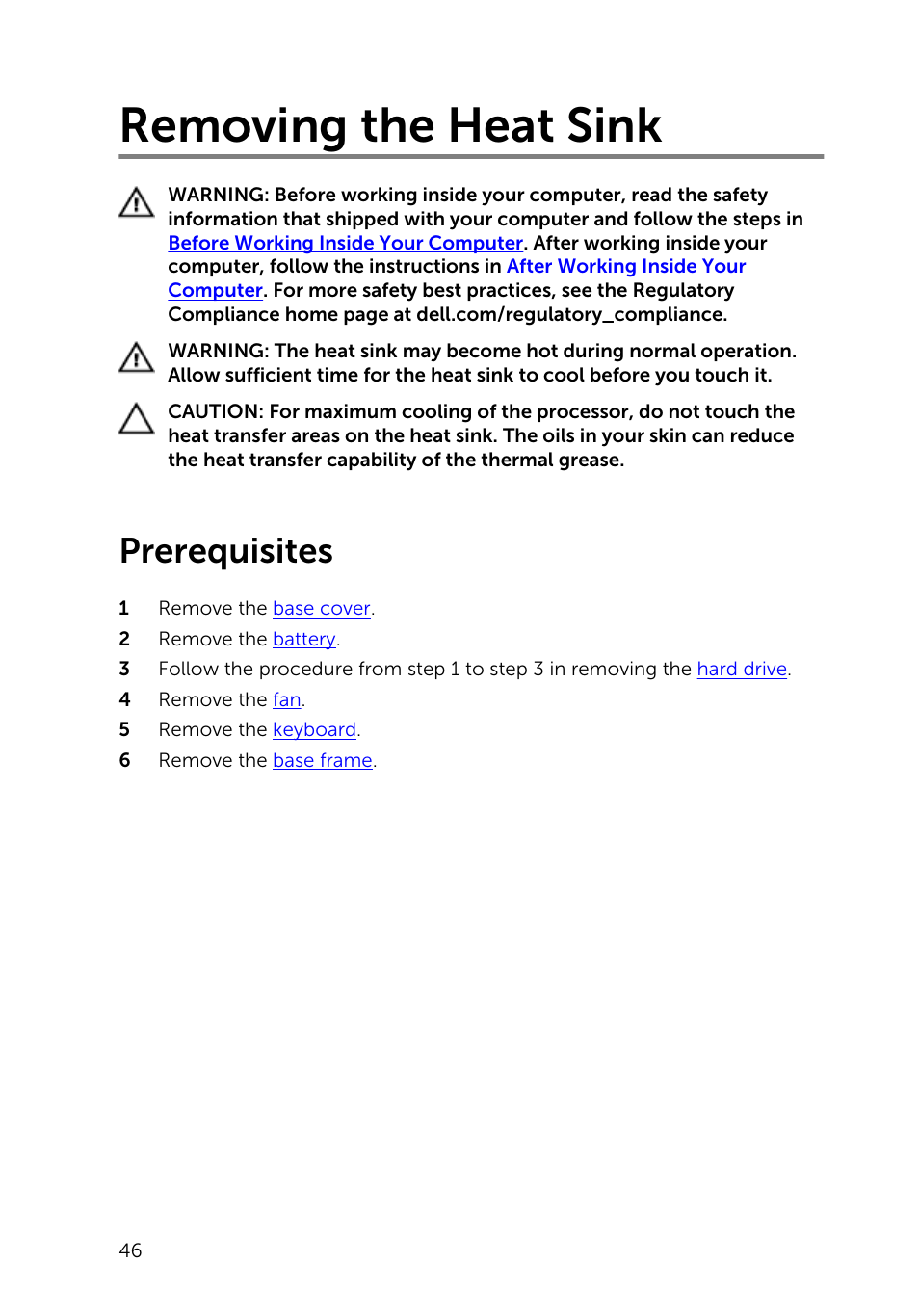 Removing the heat sink, Prerequisites | Dell Inspiron 15 (5548, Early 2015) User Manual | Page 46 / 77