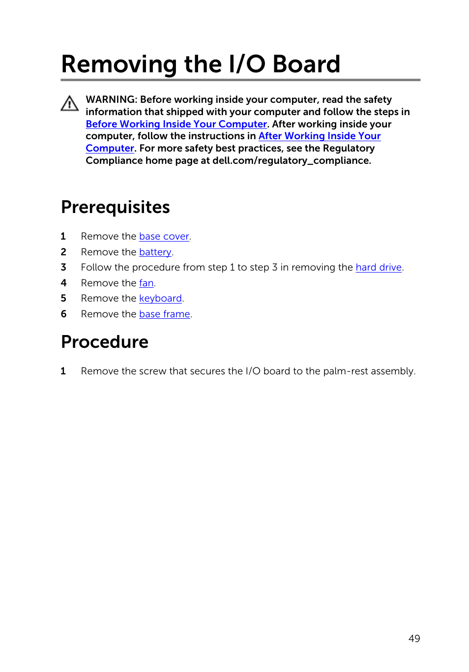 Removing the i/o board, Prerequisites, Procedure | Dell Inspiron 15 (5548, Early 2015) User Manual | Page 49 / 77