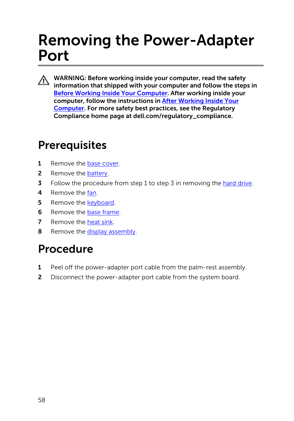 Removing the power-adapter port, Prerequisites, Procedure | Dell Inspiron 15 (5548, Early 2015) User Manual | Page 58 / 77