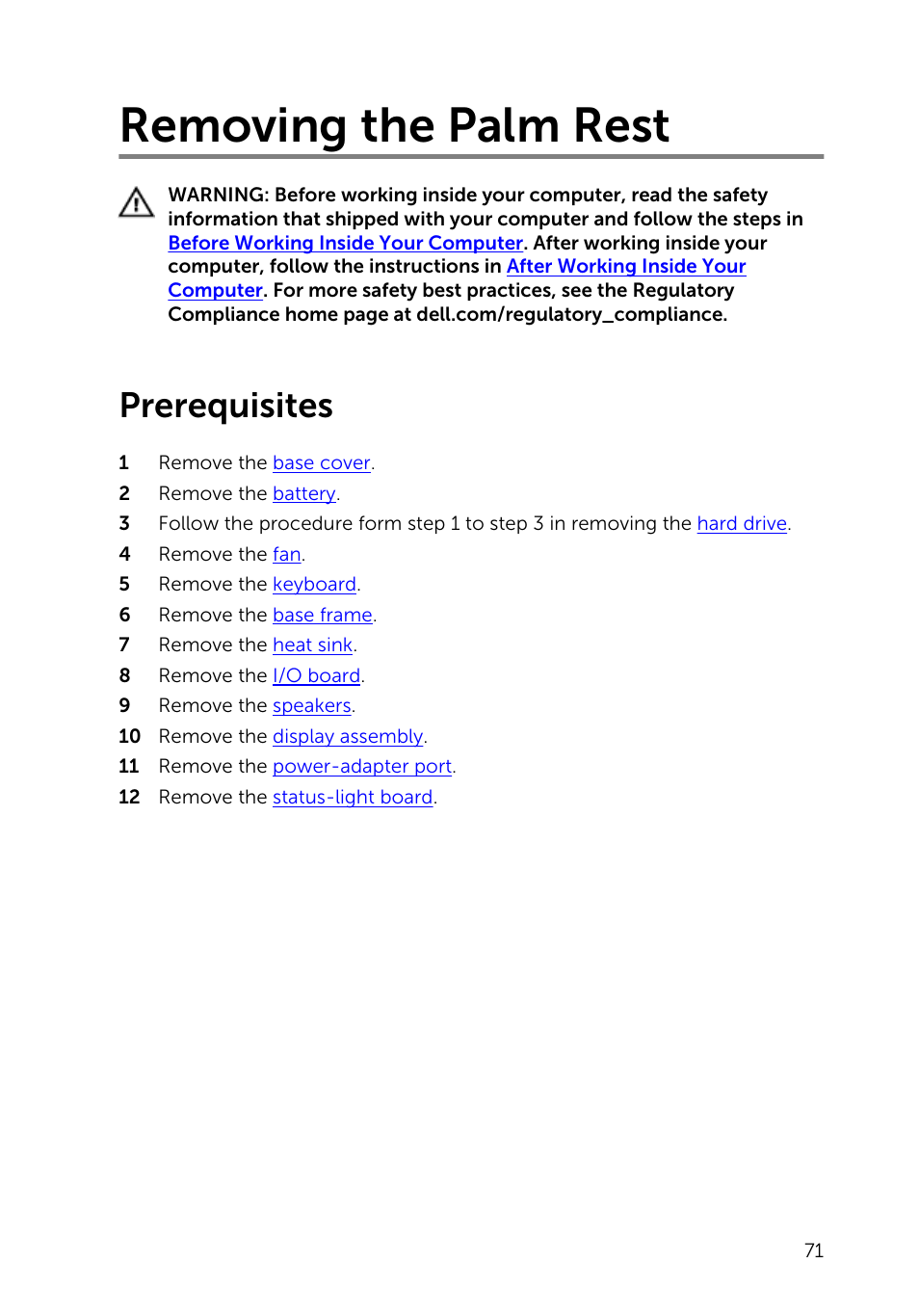 Removing the palm rest, Prerequisites | Dell Inspiron 15 (5548, Early 2015) User Manual | Page 71 / 77