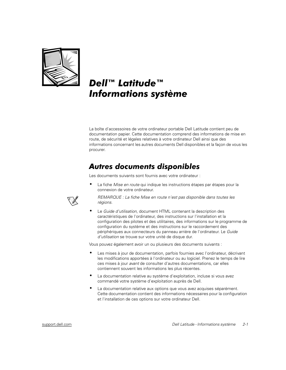 Dell™ latitude™ informations système, Autres documents disponibles | Dell Latitude C600 User Manual | Page 22 / 71