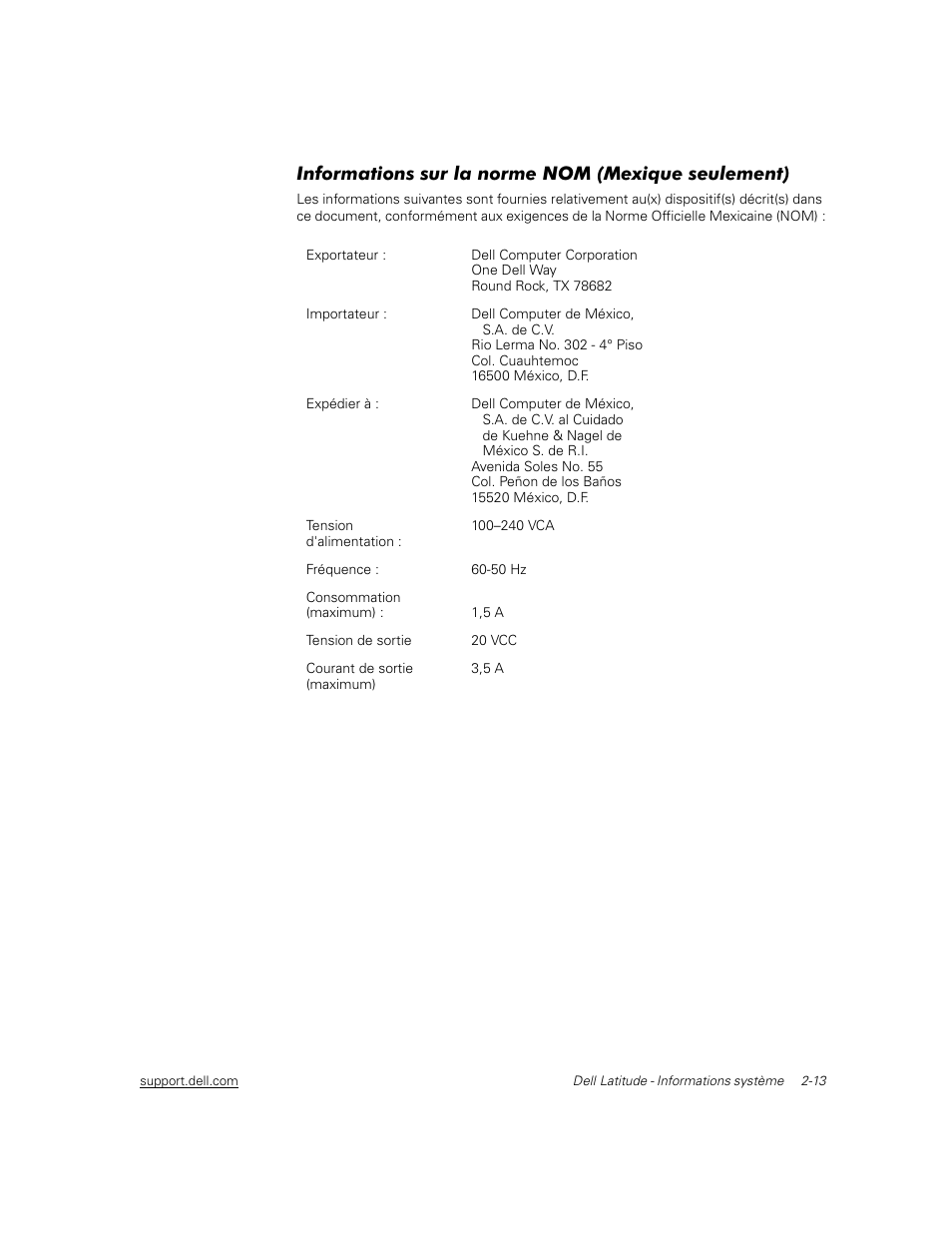 Informations sur la norme nom (mexique seulement) | Dell Latitude C600 User Manual | Page 34 / 71