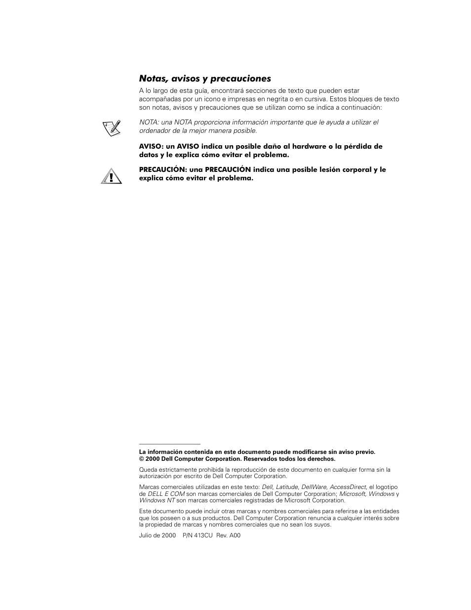 Notas, avisos y precauciones | Dell Latitude C600 User Manual | Page 57 / 71
