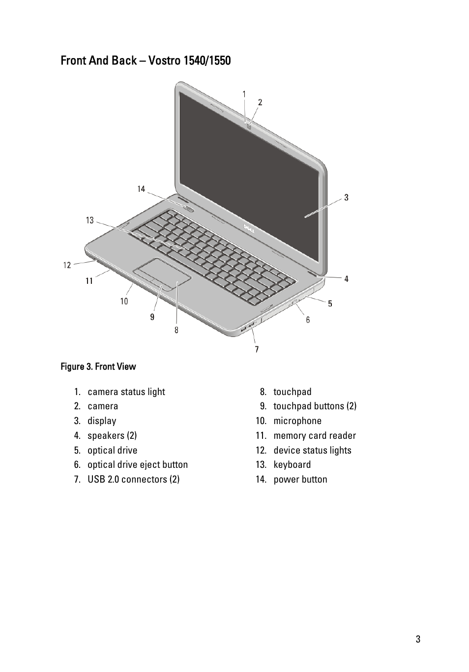 Front and back – vostro 1540/1550 | Dell Vostro 1440 (Mid 2011) User Manual | Page 3 / 9
