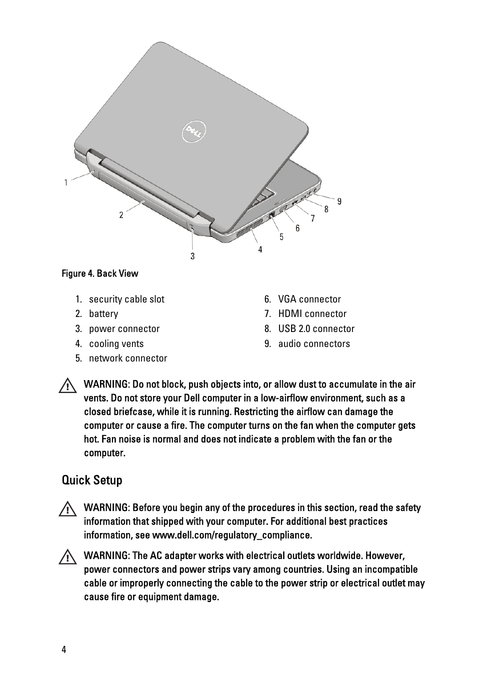 Quick setup | Dell Vostro 1440 (Mid 2011) User Manual | Page 4 / 9