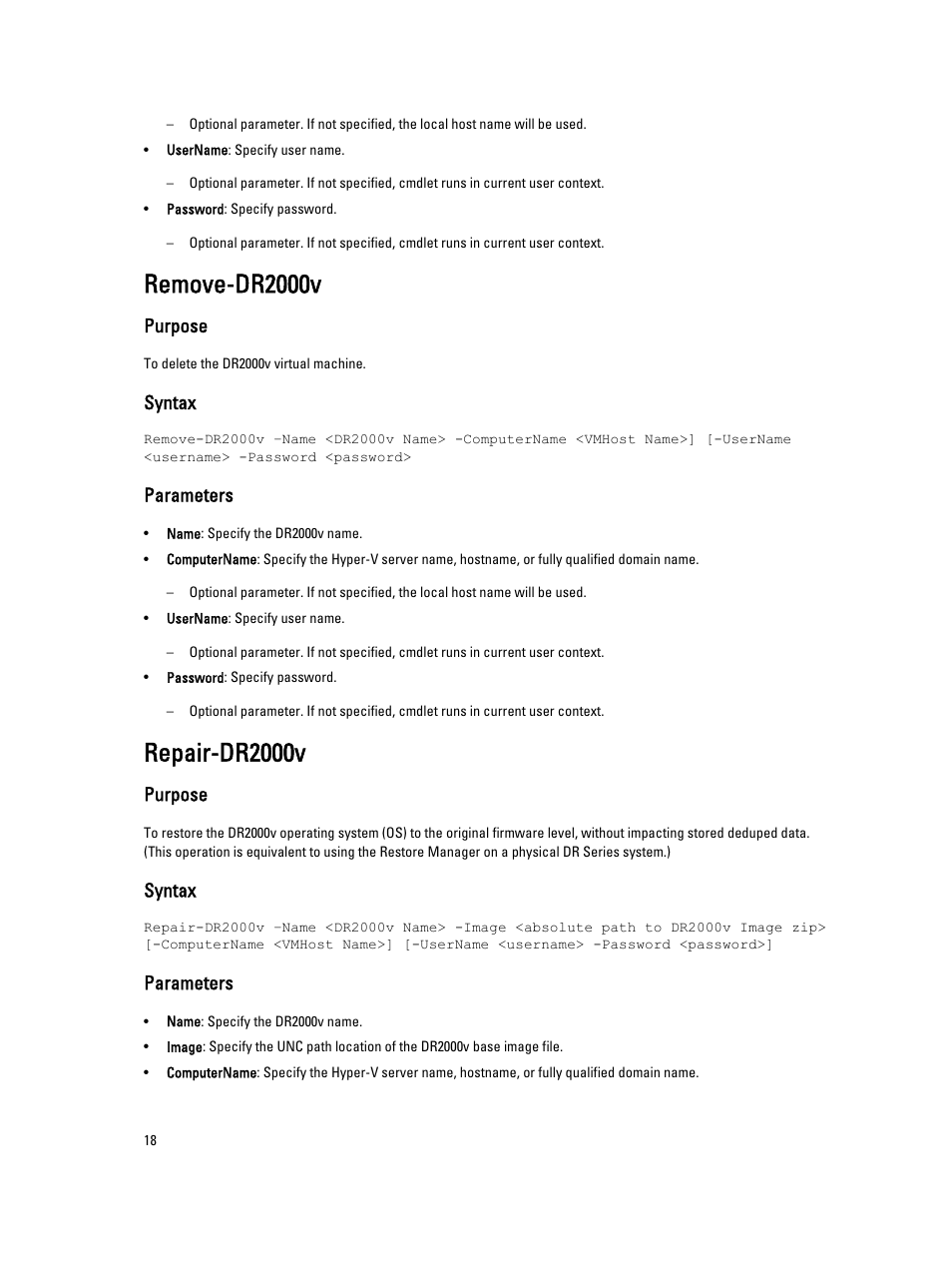 Remove-dr2000v, Purpose, Syntax | Parameters, Repair-dr2000v | Dell PowerVault DR2000v User Manual | Page 18 / 22