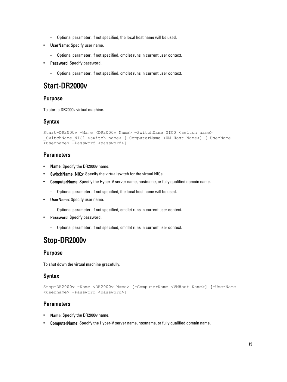 Start-dr2000v, Purpose, Syntax | Parameters, Stop-dr2000v | Dell PowerVault DR2000v User Manual | Page 19 / 22