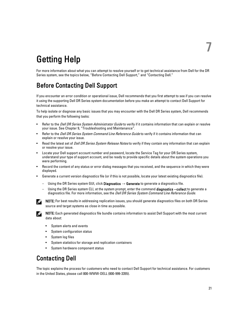 Getting help, Before contacting dell support, Contacting dell | 7 getting help | Dell PowerVault DR2000v User Manual | Page 21 / 22