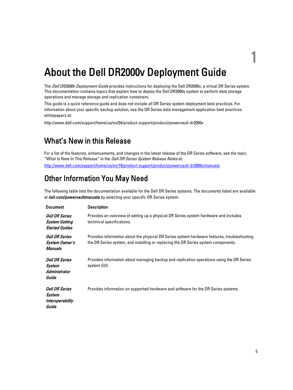 About the dell dr2000v deployment guide, What’s new in this release, Other information you may need | 1 about the dell dr2000v deployment guide | Dell PowerVault DR2000v User Manual | Page 5 / 22