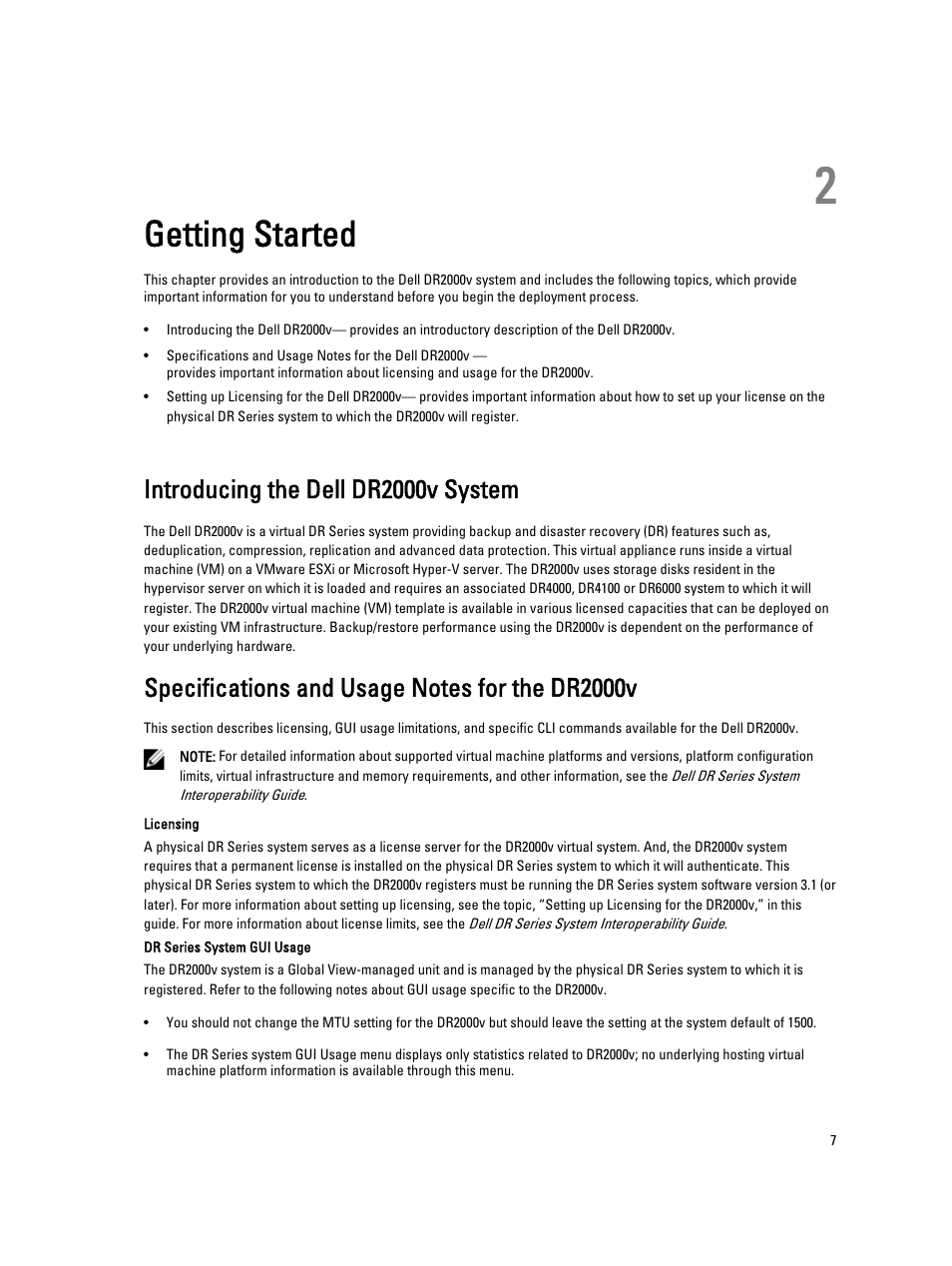 Getting started, Introducing the dell dr2000v system, Specifications and usage notes for the dr2000v | 2 getting started | Dell PowerVault DR2000v User Manual | Page 7 / 22