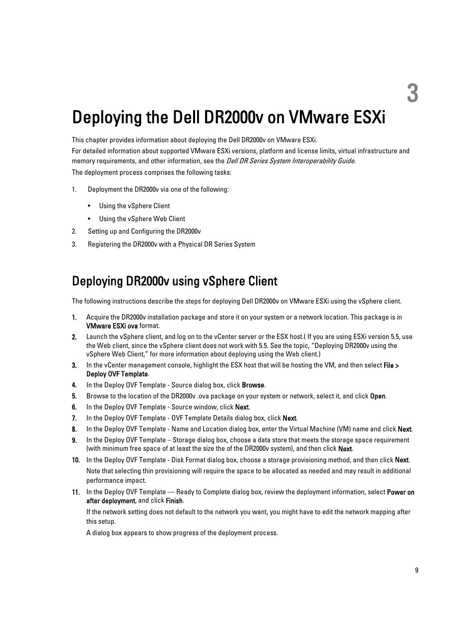 Deploying the dell dr2000v on vmware esxi, Deploying dr2000v using vsphere client, 3 deploying the dell dr2000v on vmware esxi | Dell PowerVault DR2000v User Manual | Page 9 / 22
