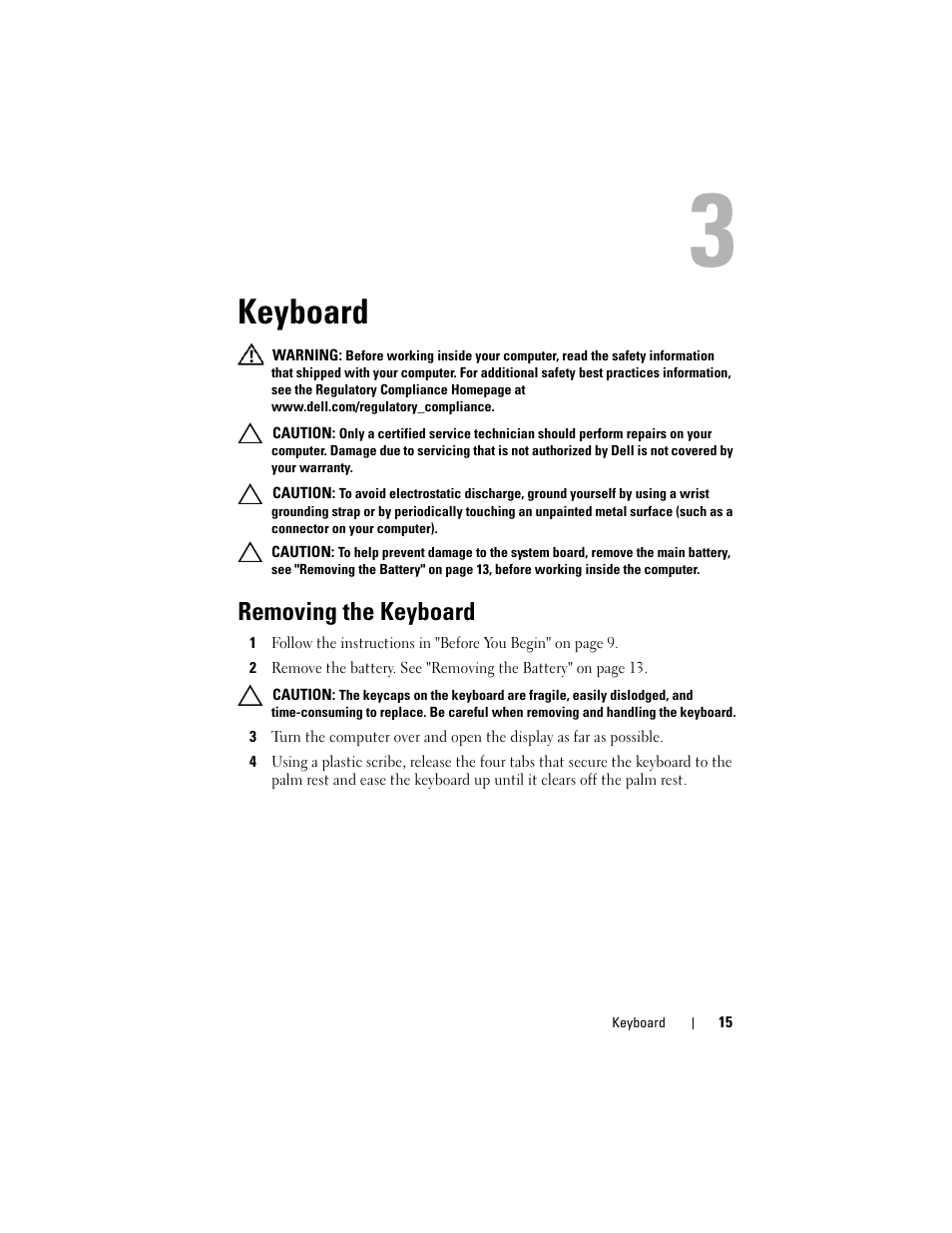 Keyboard, Removing the keyboard | Dell Inspiron 15 (N5050, Late 2011) User Manual | Page 15 / 72