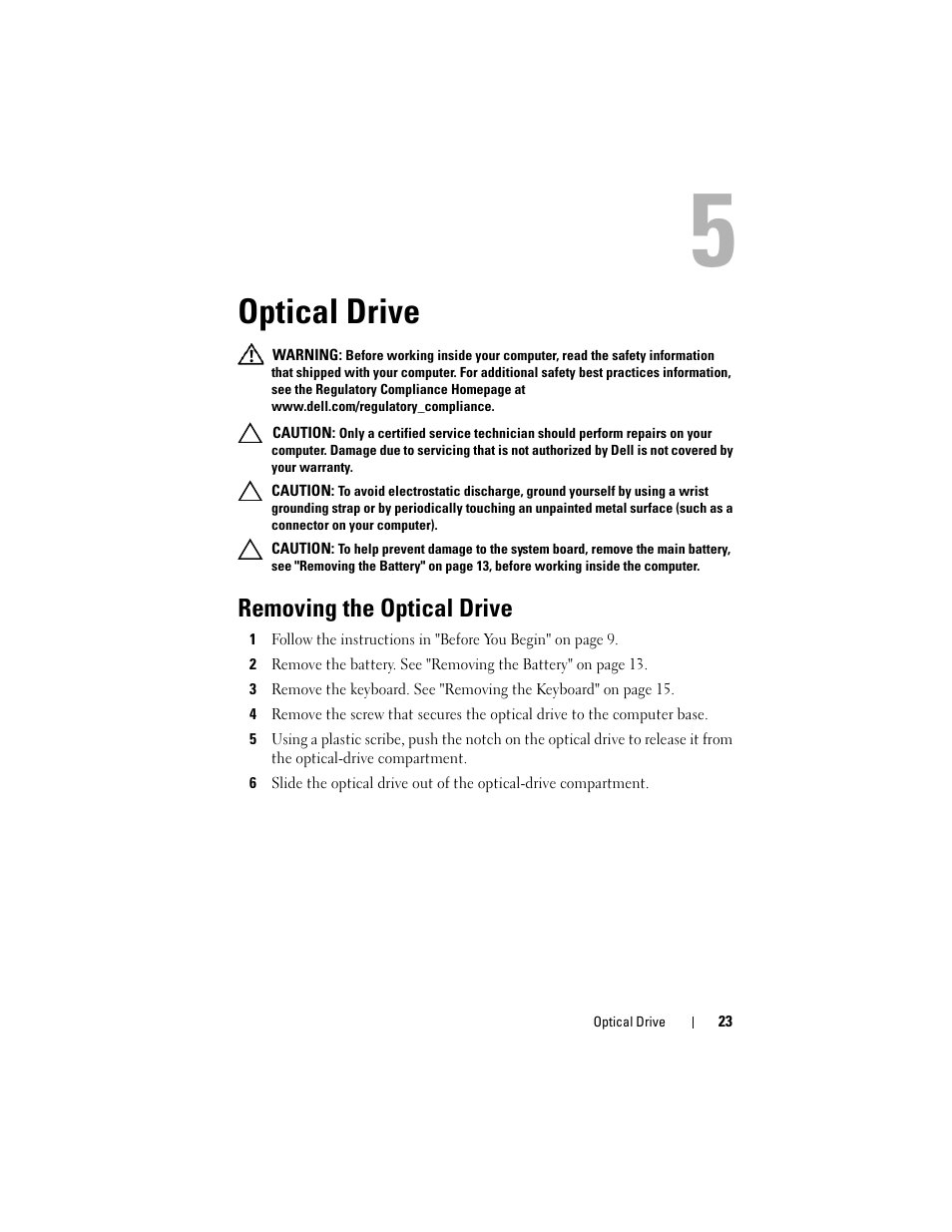 Optical drive, Removing the optical drive | Dell Inspiron 15 (N5050, Late 2011) User Manual | Page 23 / 72