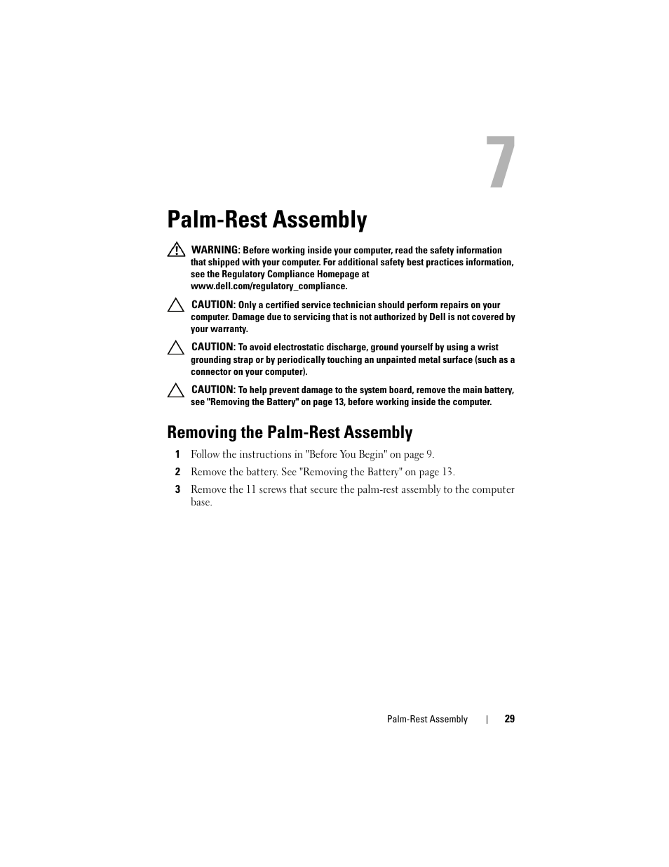 Palm-rest assembly, Removing the palm-rest assembly | Dell Inspiron 15 (N5050, Late 2011) User Manual | Page 29 / 72