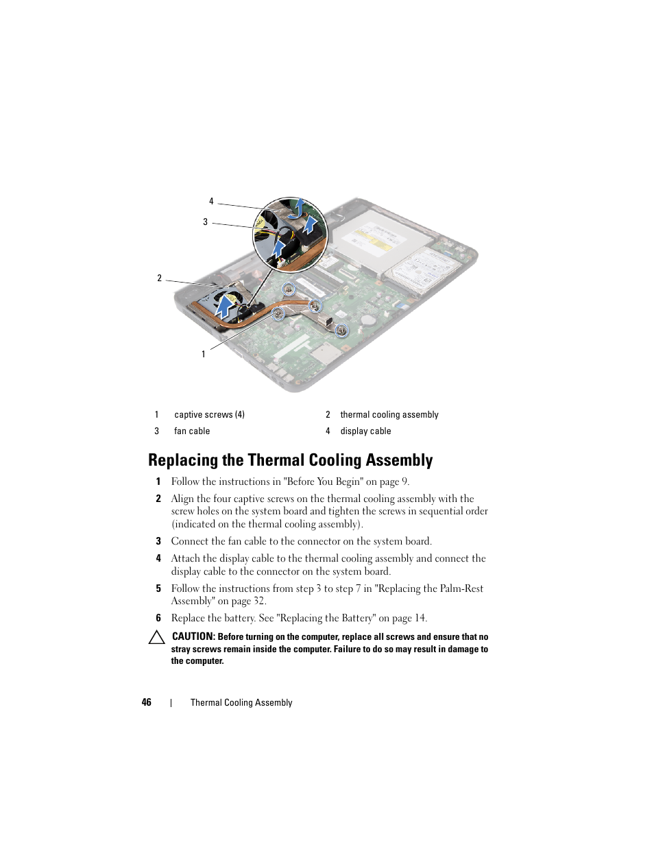 Replacing the thermal cooling assembly | Dell Inspiron 15 (N5050, Late 2011) User Manual | Page 46 / 72