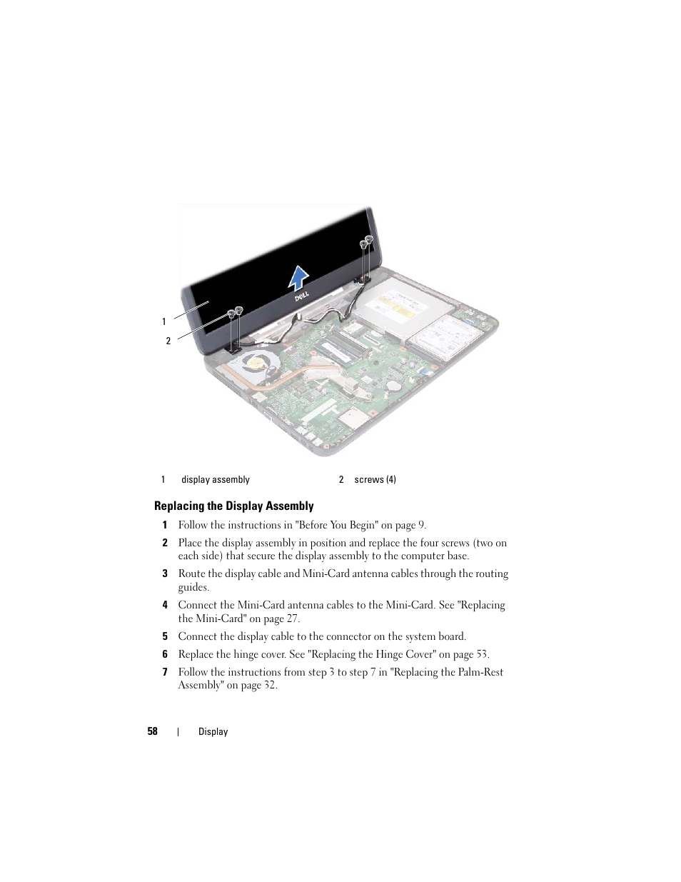 Replacing the display assembly | Dell Inspiron 15 (N5050, Late 2011) User Manual | Page 58 / 72