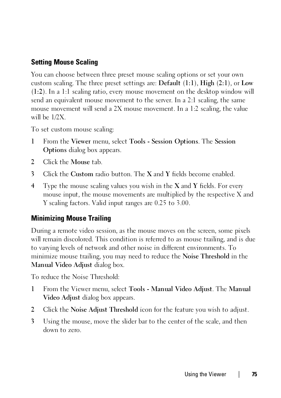 Setting mouse scaling, Minimizing mouse trailing | Dell KVM 4161DS User Manual | Page 75 / 112