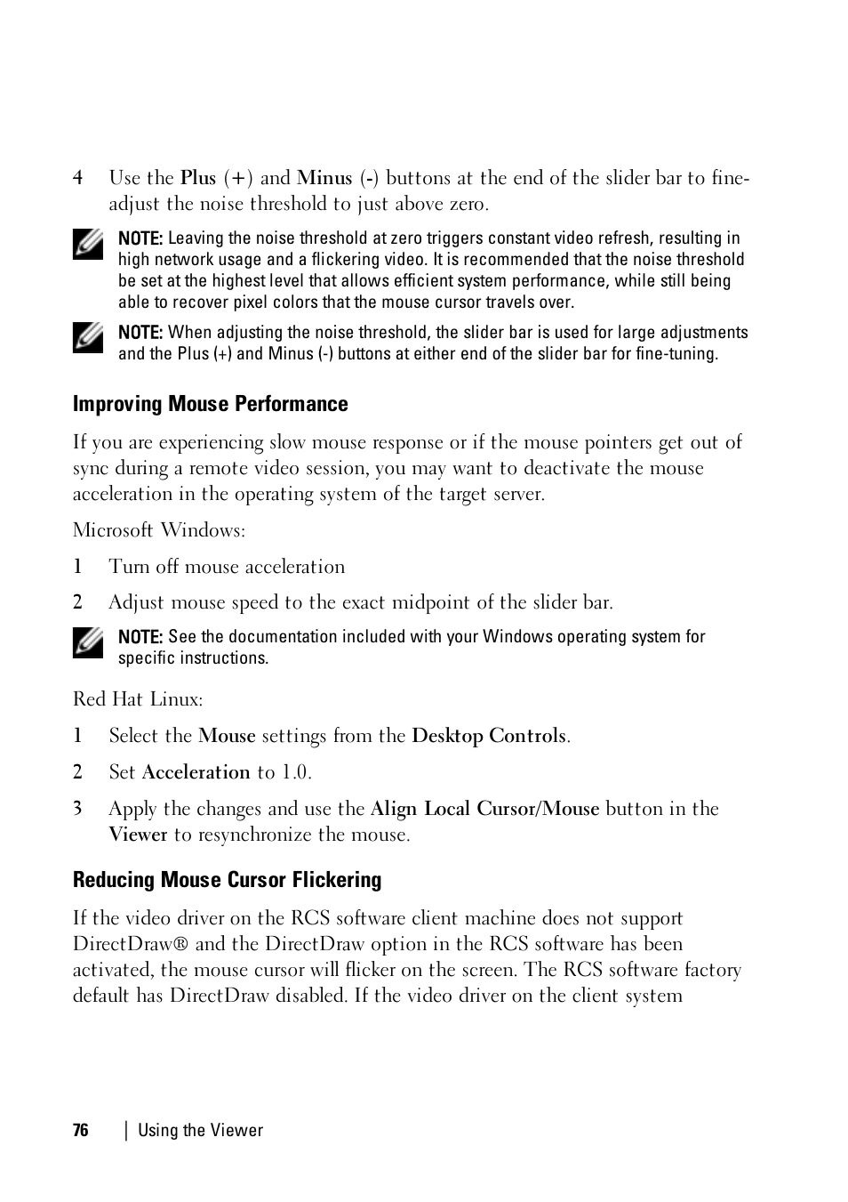 Improving mouse performance, Reducing mouse cursor flickering | Dell KVM 4161DS User Manual | Page 76 / 112