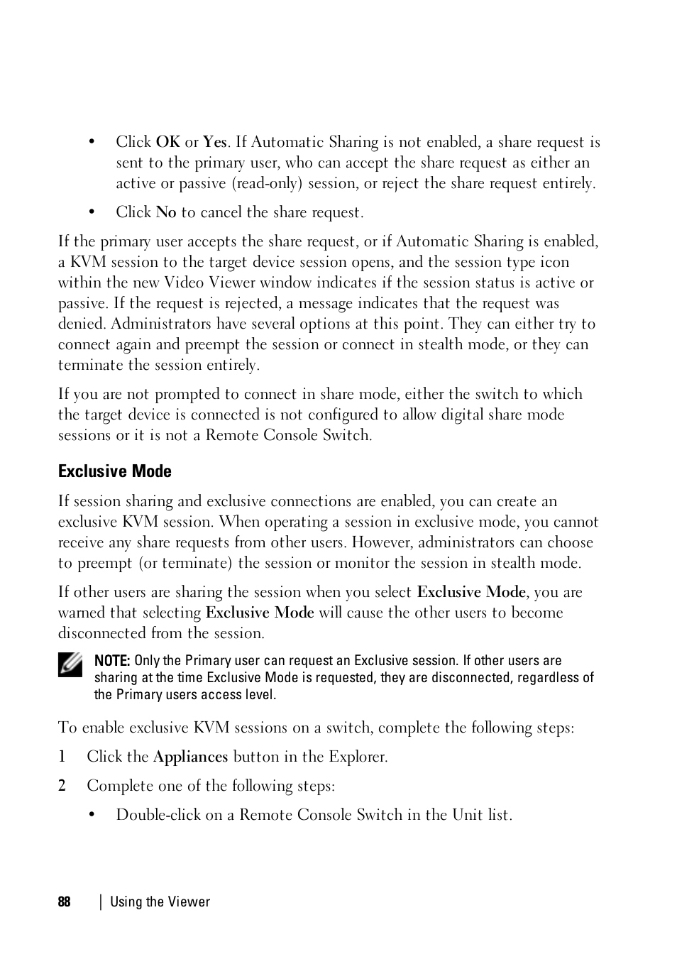Exclusive mode | Dell KVM 4161DS User Manual | Page 88 / 112