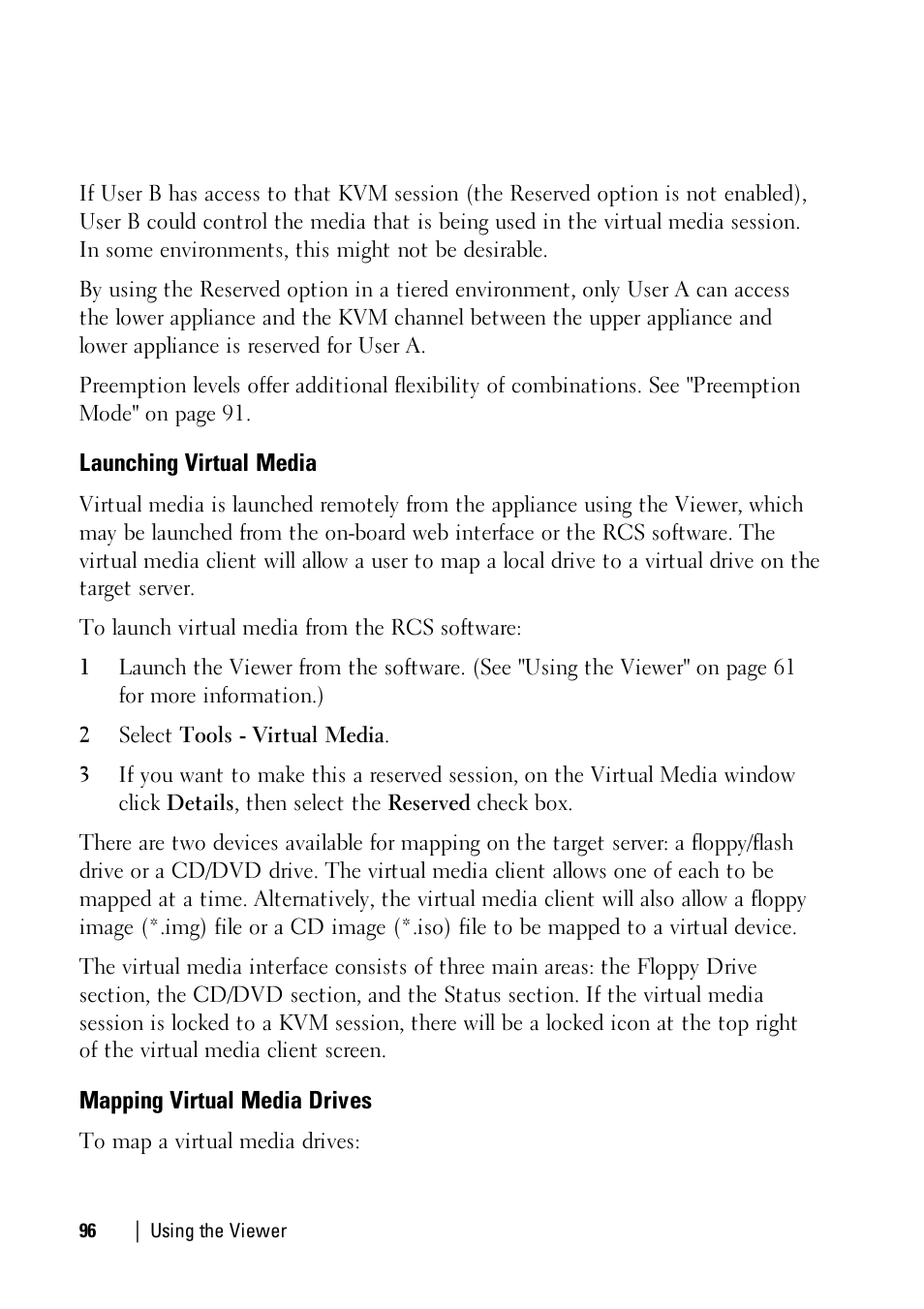 Launching virtual media, Mapping virtual media drives | Dell KVM 4161DS User Manual | Page 96 / 112