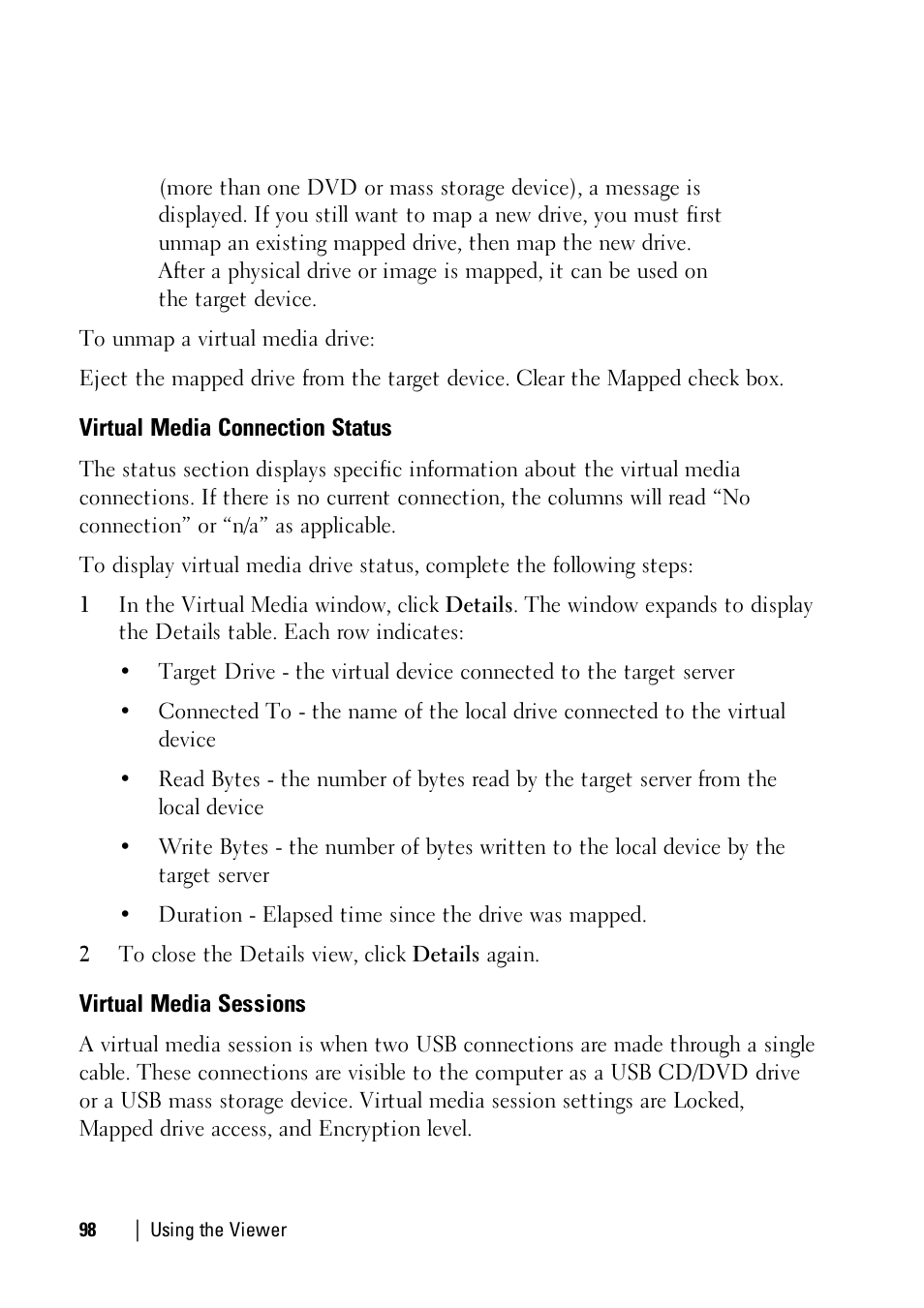 Virtual media connection status, Virtual media sessions | Dell KVM 4161DS User Manual | Page 98 / 112