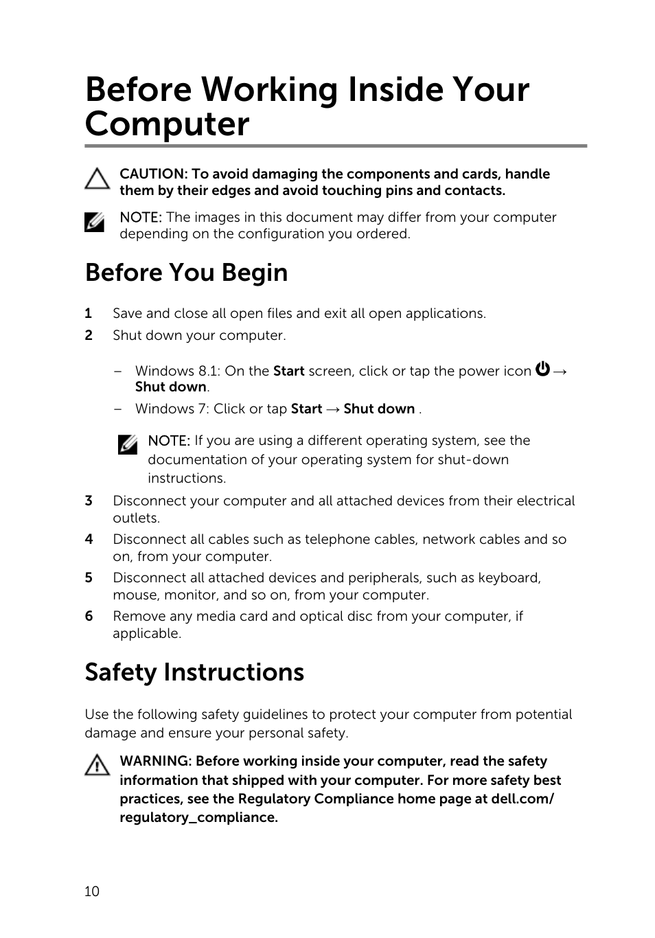 Before working inside your computer, Before you begin, Safety instructions | Dell Inspiron 13 (7347, Mid 2014) User Manual | Page 10 / 92