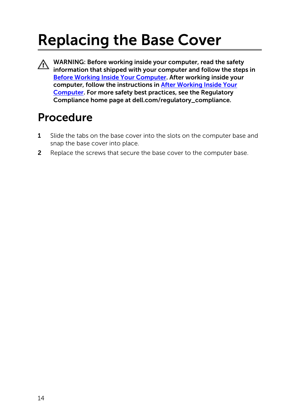 Replacing the base cover, Procedure | Dell Inspiron 13 (7347, Mid 2014) User Manual | Page 14 / 92